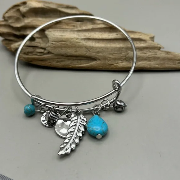 Silver Charm Bracelet with Turquoise Accent - Picture 2 of 3